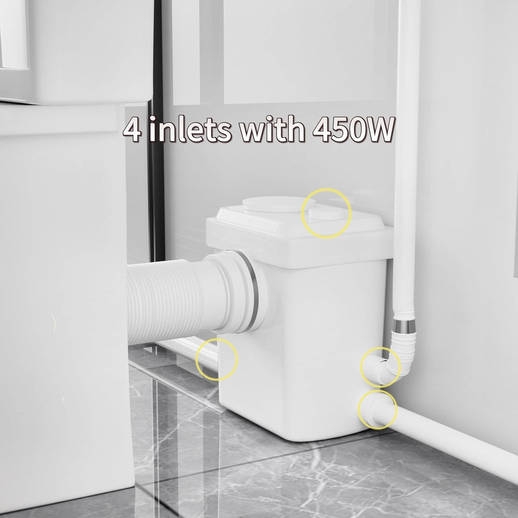 SouNor One Piece Elongated Toilet 450 Watt for Small Basement, Dual Flush 1.1/1.6 GPF, 4 Inlets for Bathroom Basement Power Flush, White.