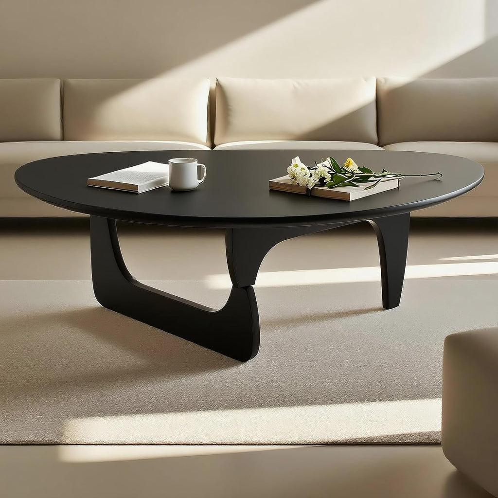 Solid Wood Triangle Coffee Table,Unique Mid Century Modern Oval Coffee Table,Irregular Geometric Tea Tables for Home Living Room with Wooden Tabletop and Reinforced Legs Black 43' L x 31' W x 16' H