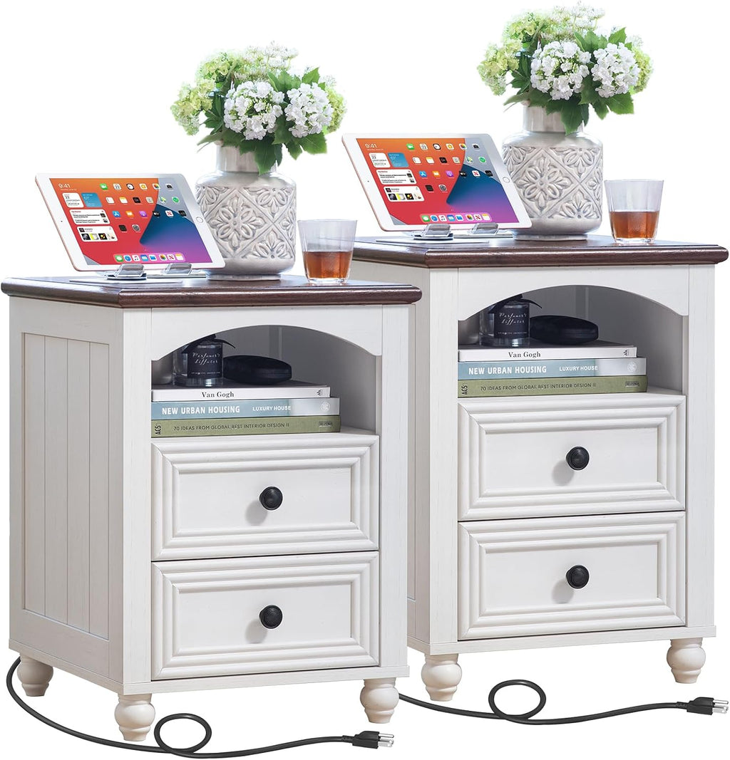 RWYHG 18' Farmhouse Night Stands Set of 2 with Charging Station, Wooden Nightstand with 2 Drawers, Bedside End Table with Storage, Bed Side Tables Cabinet for Bedroom, Living Room, and Closet(White)