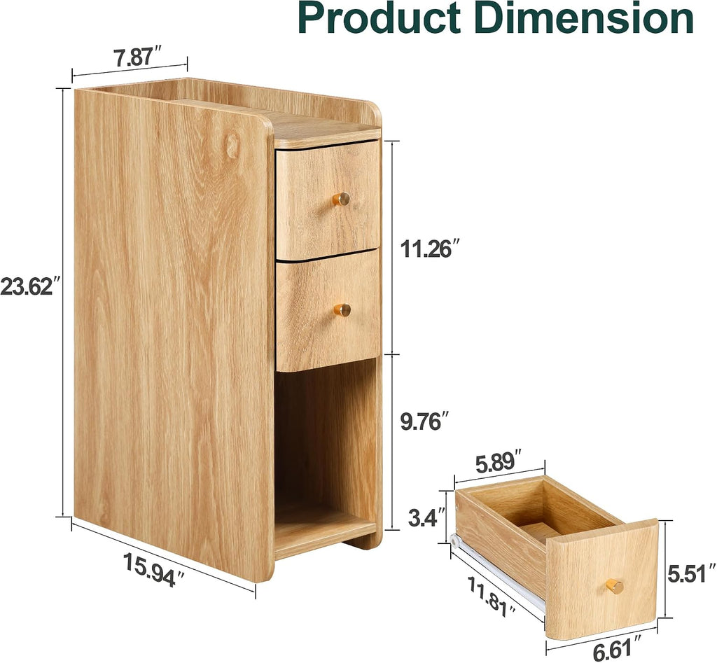 Small Nightstand Set of 2, Wood 2 Drawer Narrow Nightstand, Slim Side Table, Modern Skinny End Bedside Table, Natural Wood Night Stand with Drawers for Bedroom (Natural-2 pcs)