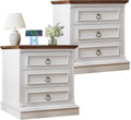 HUAHUU Farmhouse Nightstand Set of 2, Side Table with Wireless Charging Station, Wood Rustic End Table with Roman Column & Metal Handle for Bedroom, White