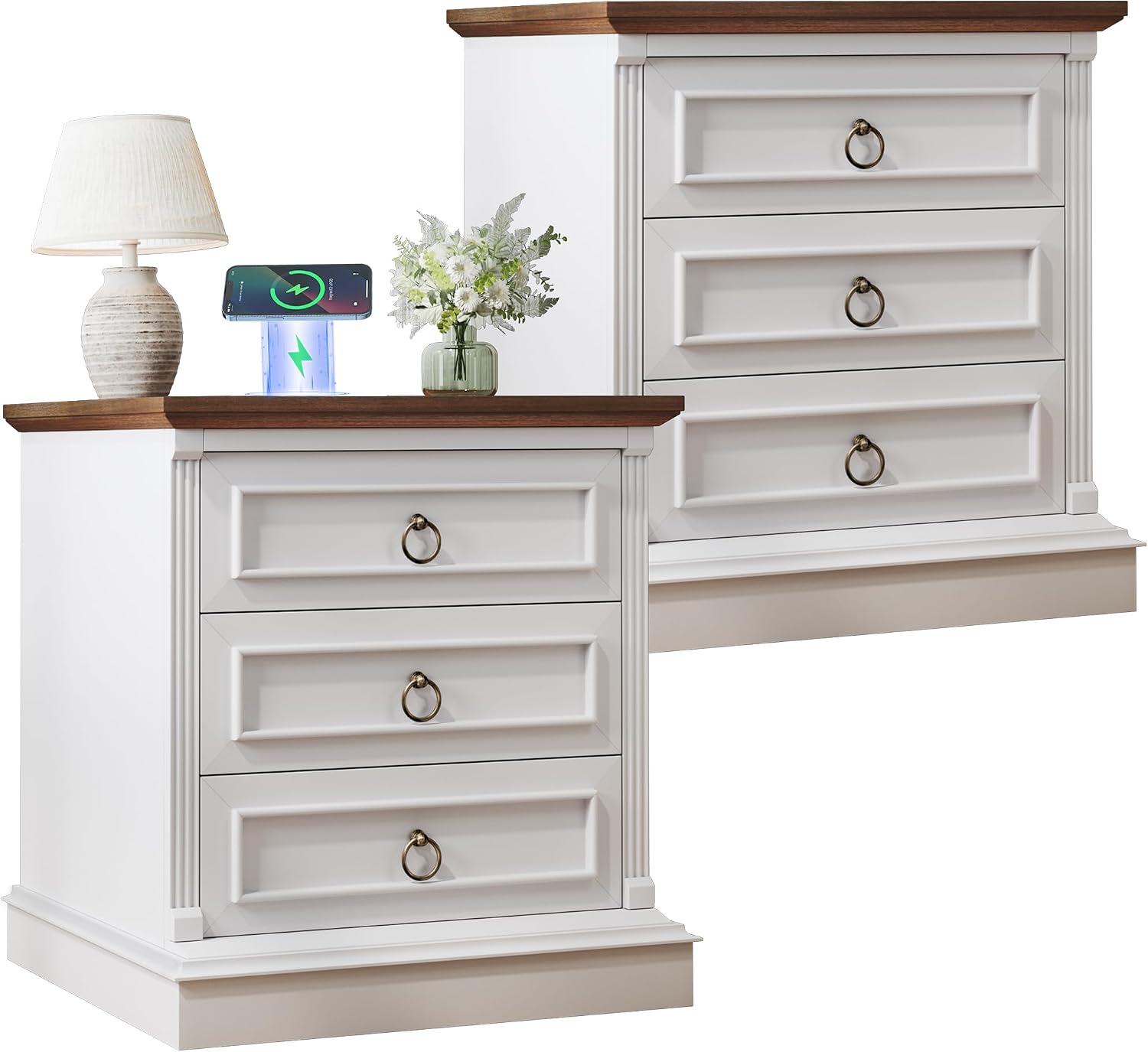 HUAHUU Farmhouse Nightstand Set of 2, Side Table with Wireless Charging Station, Wood Rustic End Table with Roman Column & Metal Handle for Bedroom, White