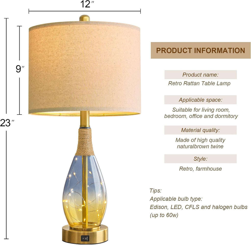 OYEARS 23' Table Lamps for Living Room Set of 2,Bedside Lamps for Night Stands, Rattan Lamps for Bedroom,Farmhouse Lamps with Glass Nightlight,Two Light Points