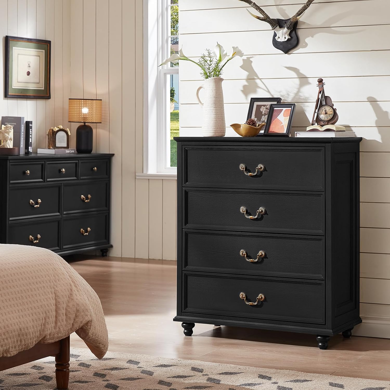 Joaxswe Farmhouse 4 Drawer Dresser for Bedroom, 37' Tall Rustic Chests of Drawers w/ 4 Solid Wood Feet, Mid Century Modern Wooden Closet Storage Dressers Organizer for Living Room, Hallway, Black