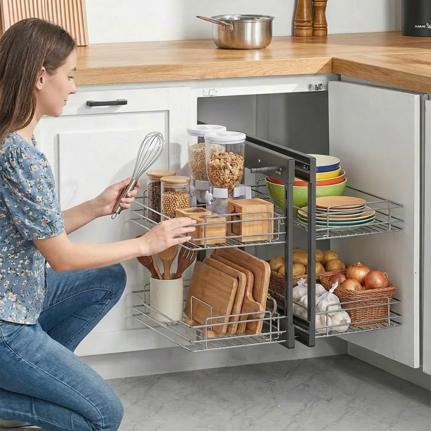 Blind Corner Pull Out Organizer for 36' Cabinet Left Open & Right Open Compatible 2 Tier 4 Shelves Adjustable Height