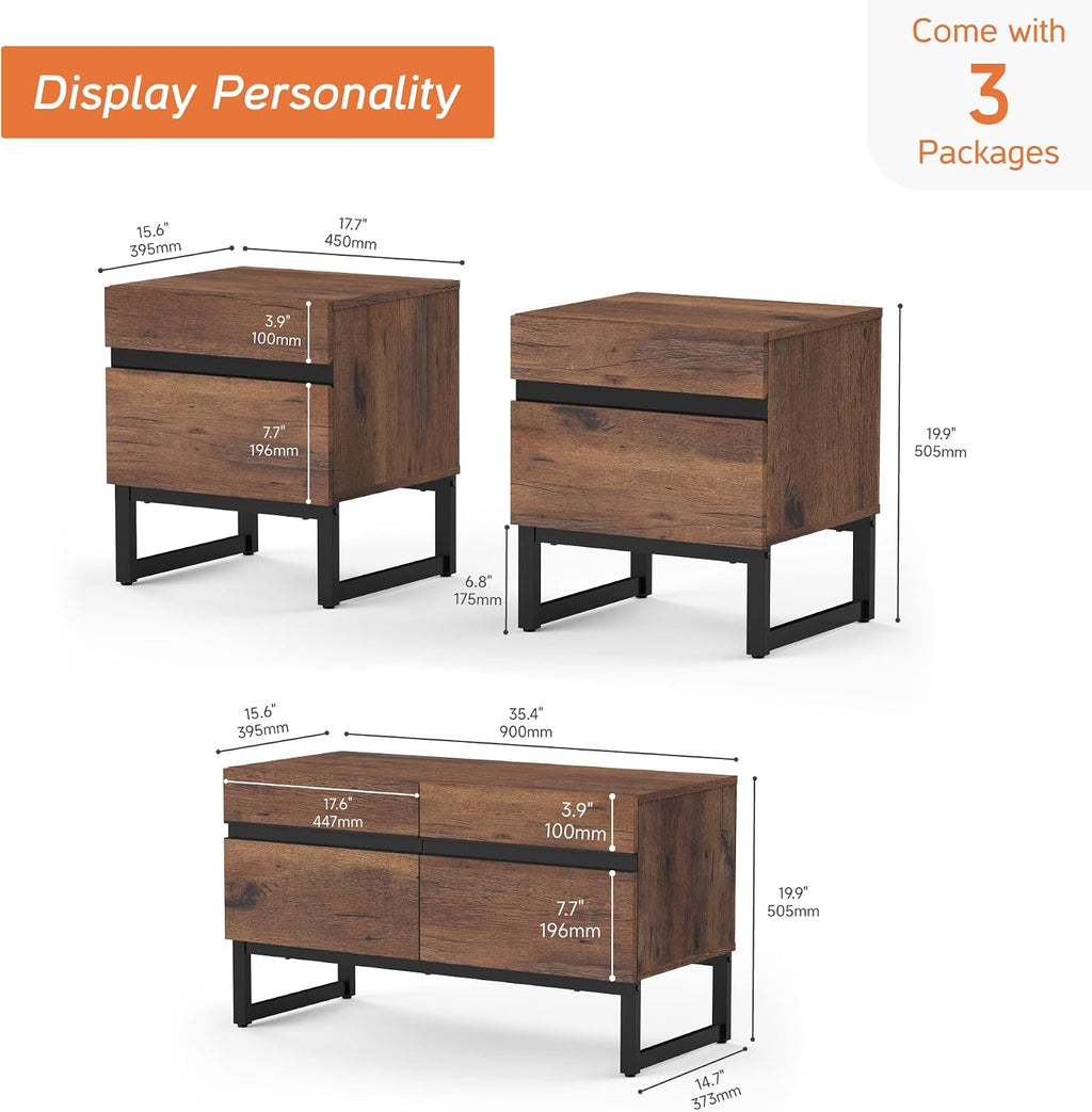 WAMPAT TV Stand and End Table Set of 3, 35 Inch TV Stand and 2 End Table Set with 2 Drawers for Living Room, Entertainment Center, Console TV Table Living Room Table Sets,Brown