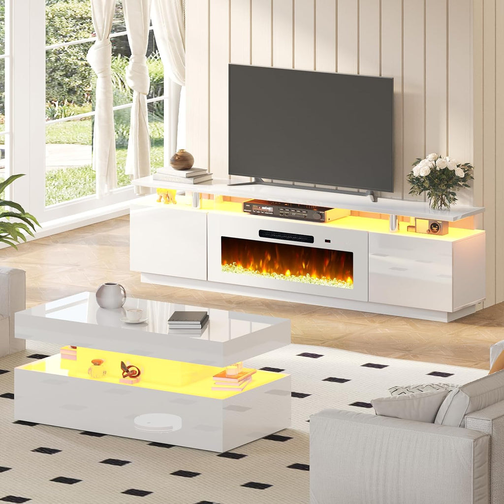 AMERLIFE 3 Piece Modern Living Room Table Set, Includes 80' High Gloss Fireplace TV Stand, 2-Tier Coffee Table, LED Lights Entertainment Center Set for Living Room, White