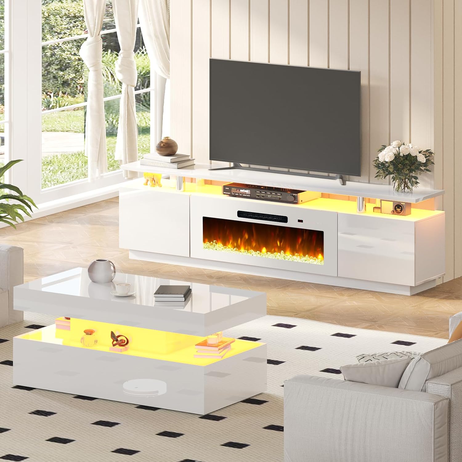 AMERLIFE 3 Piece Modern Living Room Table Set, Includes 80' High Gloss Fireplace TV Stand, 2-Tier Coffee Table, LED Lights Entertainment Center Set for Living Room, White