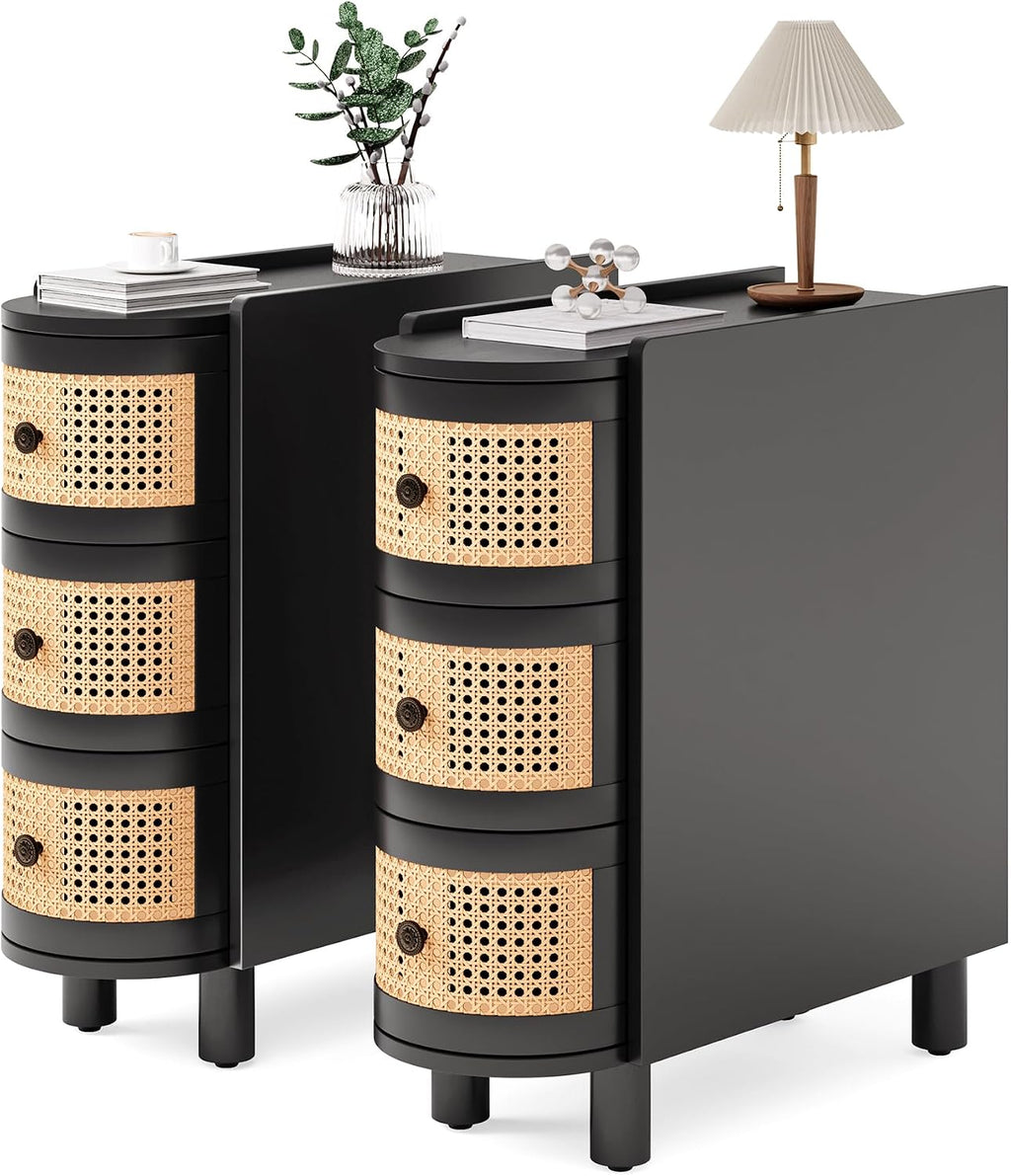 LITTLE TREE End Table Set of 2, Rattan Narrow Side Table with 3 Drawers, No Assembly Required, Solid Wood Nightstand, Bedside Table for Living Room, Bedroom, Office, Bathroom, Black