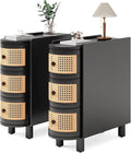 LITTLE TREE End Table Set of 2, Rattan Narrow Side Table with 3 Drawers, No Assembly Required, Solid Wood Nightstand, Bedside Table for Living Room, Bedroom, Office, Bathroom, Black