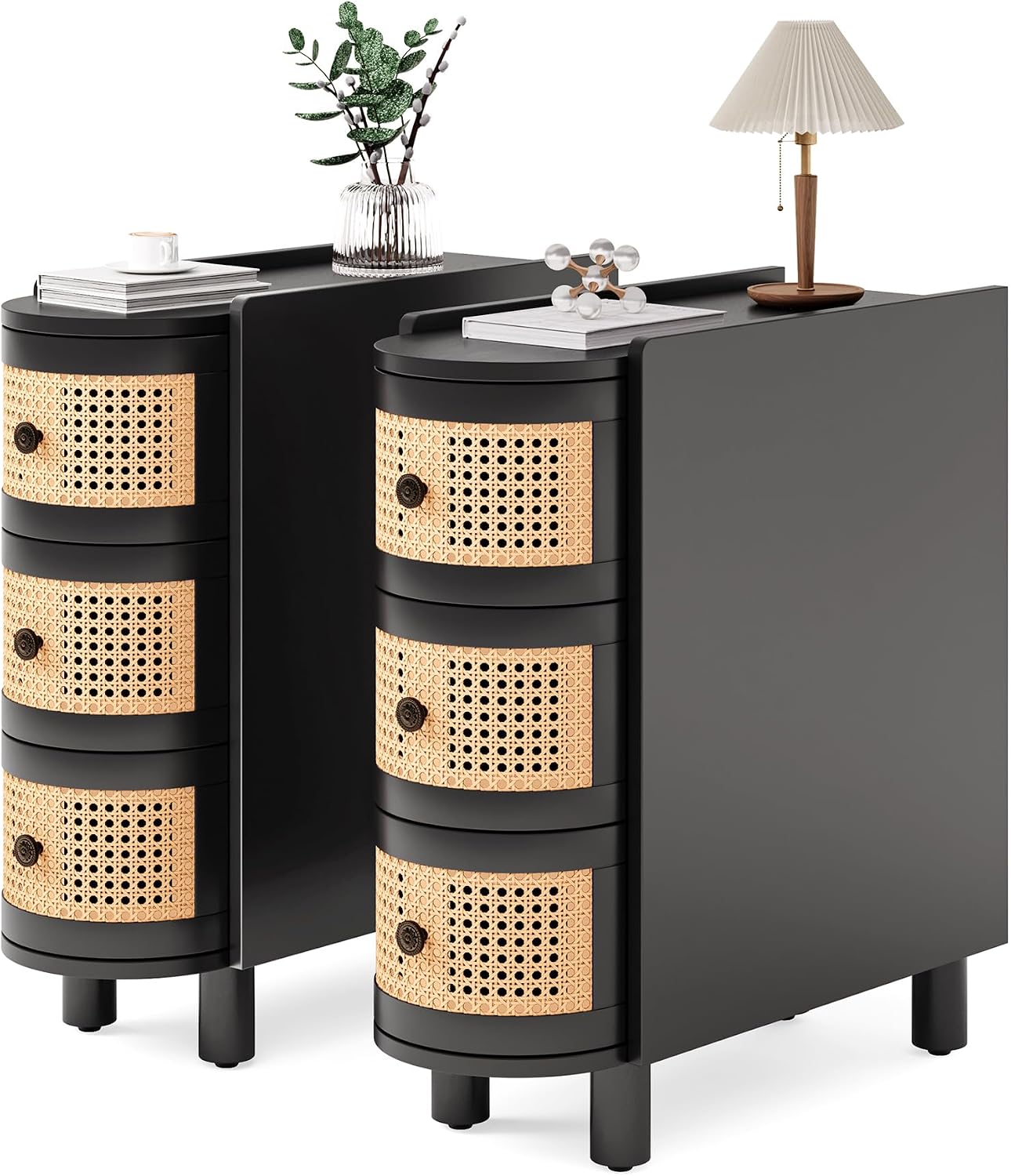 LITTLE TREE End Table Set of 2, Rattan Narrow Side Table with 3 Drawers, No Assembly Required, Solid Wood Nightstand, Bedside Table for Living Room, Bedroom, Office, Bathroom, Black