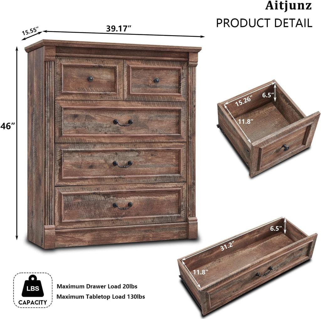 Aitjunz Farmhouse 5 Drawers Dresser for Bedroom, 46' Tall Dressers & Chests of Drawers w/Roman Column, Large Storage Dressers Organizer for Bedroom, Hallway, Living Room, Light Brown