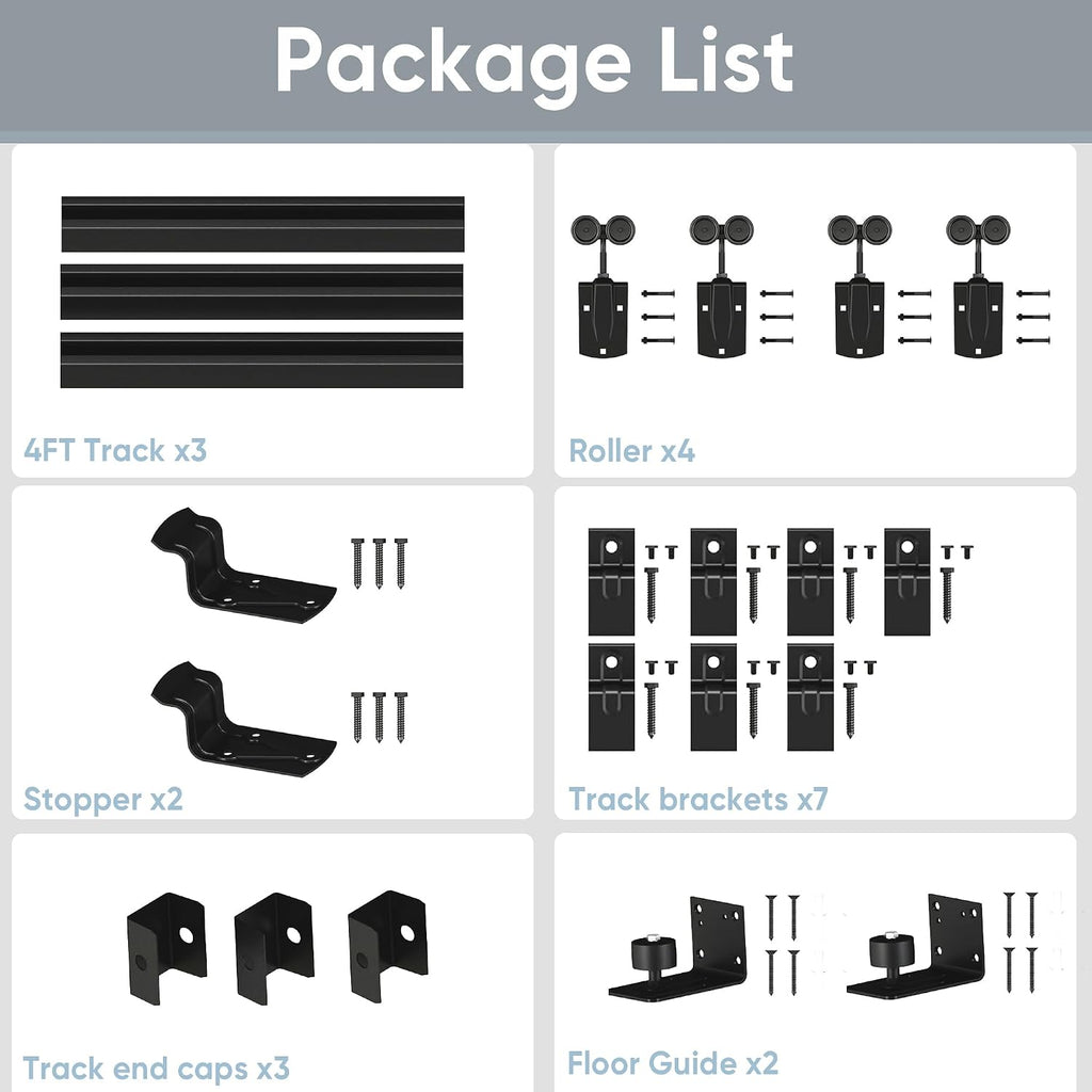 JUBEST 12FT Box Rail Exterior Barn Door Hardware Kit, Heavy Duty Sliding Door Track Kit Wall Mount Door Hardware Kit for Two Doors System(Doors Not Included), Black