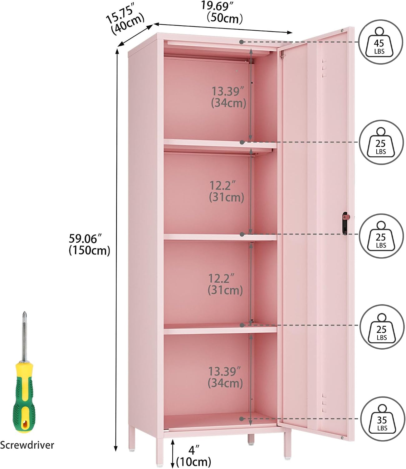 Steehoom Metal Storage Cabinet for Employees, Lockable File Cabinet, Utility Tall Cabinet Pink Locker with 3 Shelves for School, Office, Garage, Entryway (Pink, H59.06'')