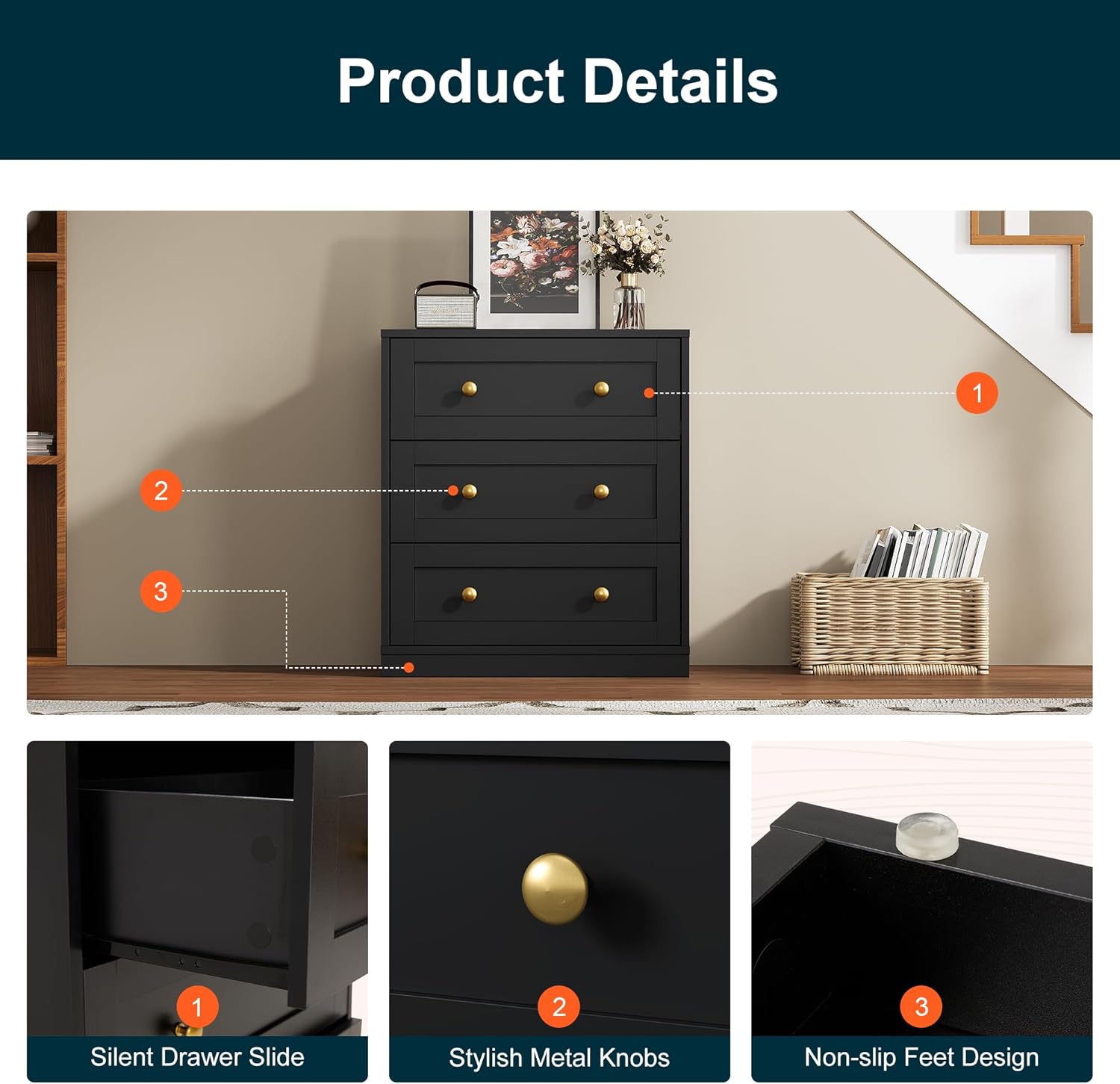 RoyalCraft Black Nightstand Set of 2, Night Stand with 3 Drawers Storage, Modern Bedside Table, End Table for Bedroom, Hallway, Closet