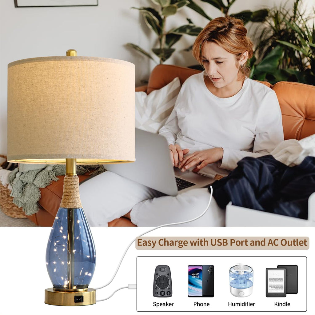 OYEARS 23' Table Lamps for Living Room Set of 2 Bedside Lamps for Night Stands Bedroom Lamps Farmhouse Rattan Boho Lamp Glass Nightlight End Table Lamp with USB C+A (Blue),Two Light Points