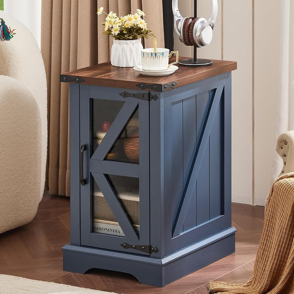 Joaxswe Farmhouse 14'' Side End Table Set of 2, Narrow Night Stand with Glass Barn Door, Storage Bedside Tables, Nightstand Cabinet Organizer for Small Spaces Living Room Bedroom
