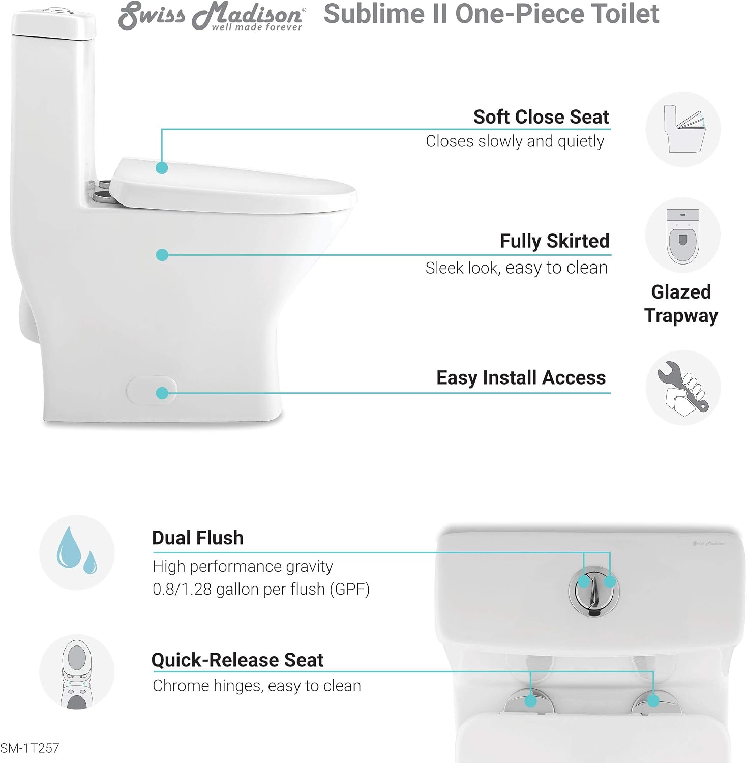 Sublime II One-Piece 12' Rough-in 1.1/1.6 GPF Dual Top Flush Round Compact Toilet in Glossy White
