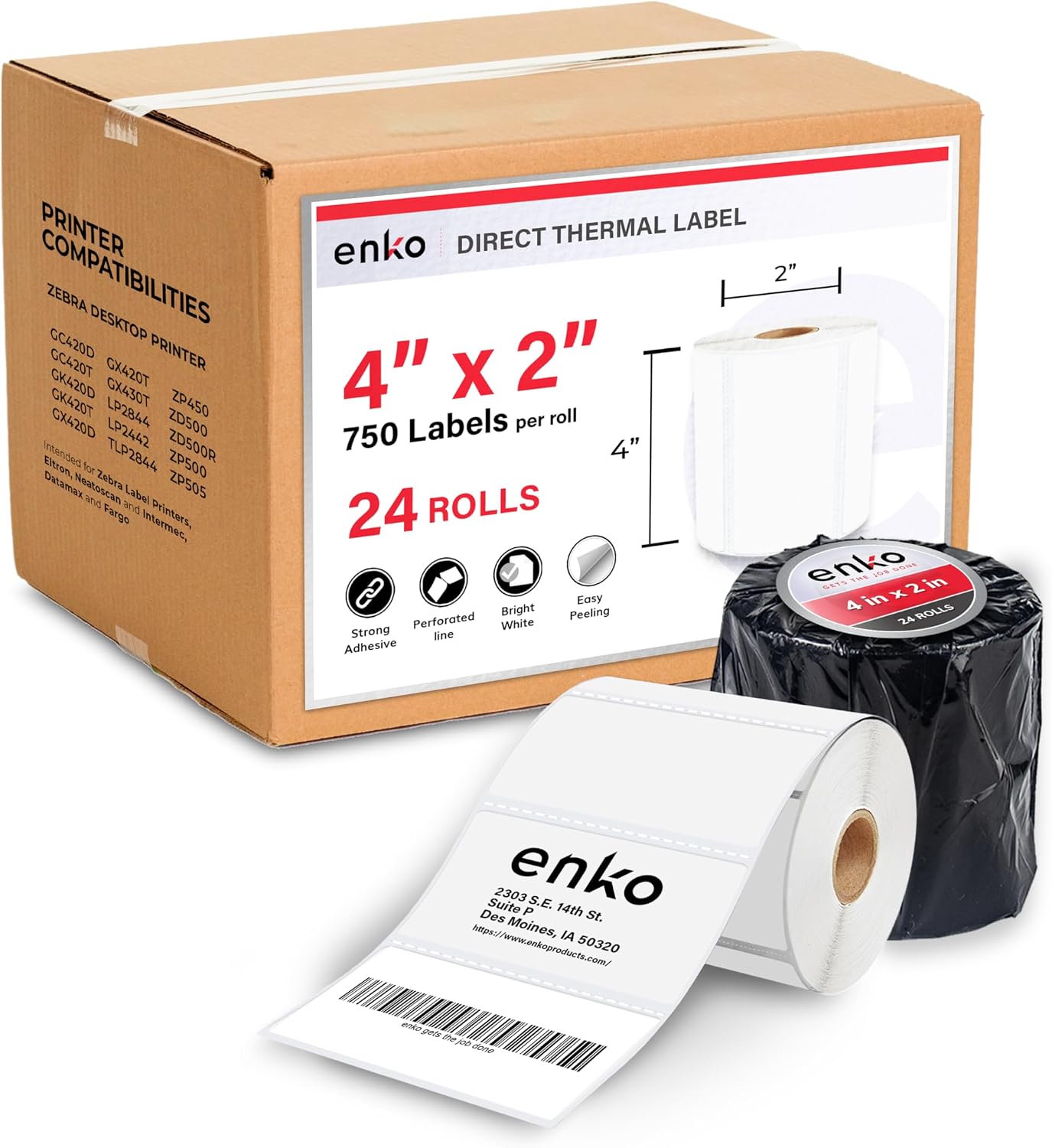 enKo 4' x 2' Labels for Zebra Desktop Printers (24 Rolls | 18,000 Labels) - Direct Thermal Address Mailing Shipping Barcode FBA Stickers FNSKU Label for Zebra and Eltron (Perforated)