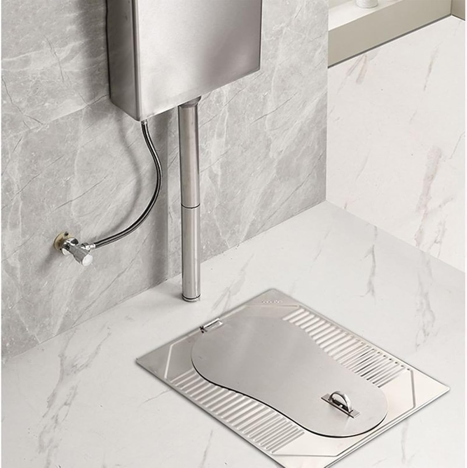 Stainless Steel Squat Toilet With Lid, Odor-Proof Squat Toilet Set With Water Tank, Public Toilet Water Tank Set for Trains, Airports & Public Restrooms,With S bend