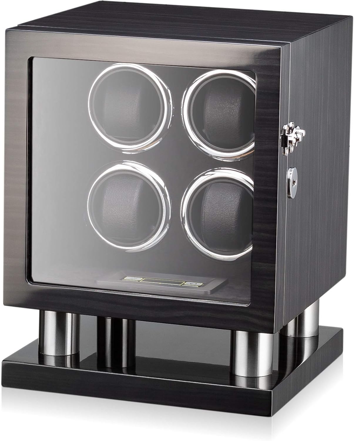 Watch Winder for 4 Watches with LED Backlight, LCD Display and Motor-Stop Option (Black & Grey)