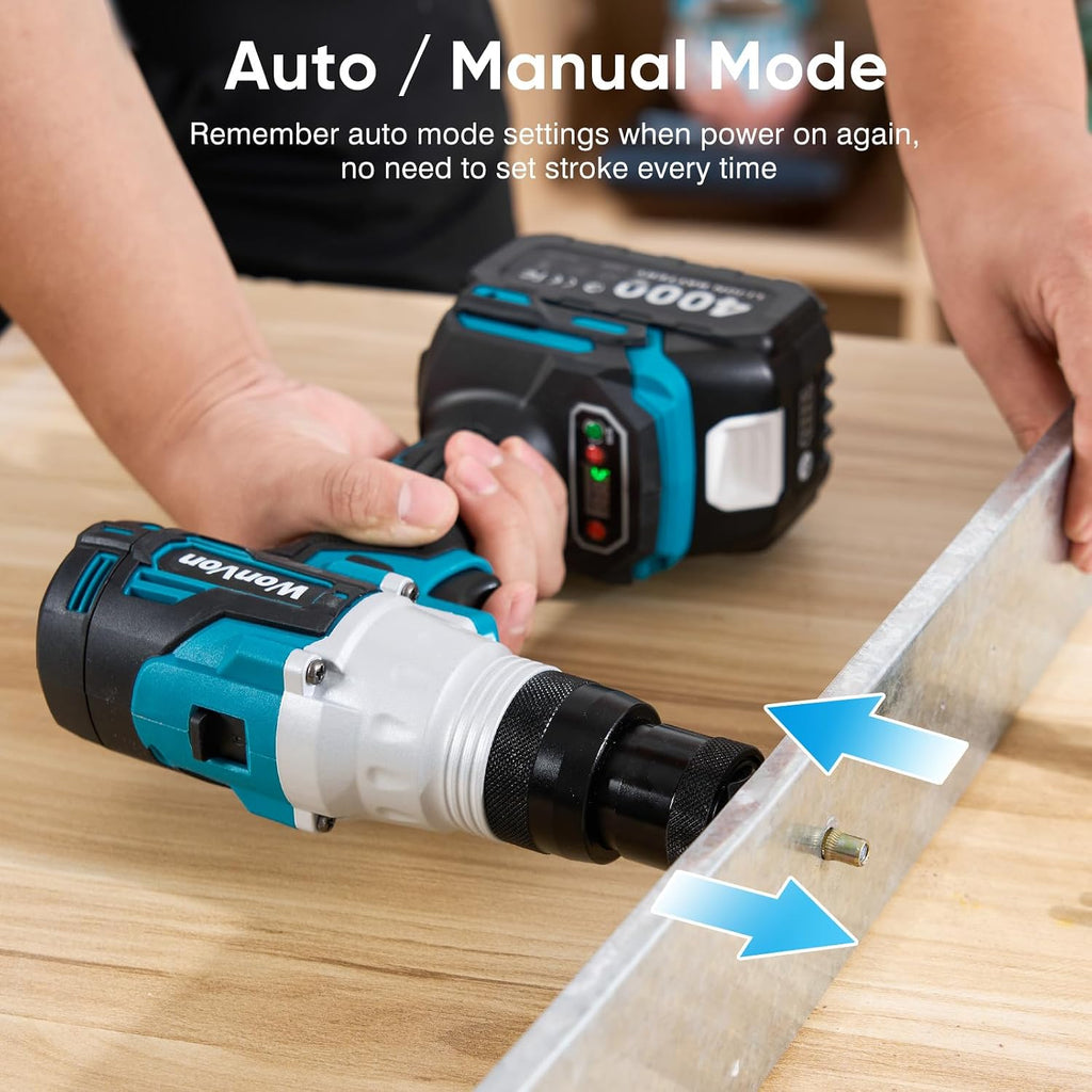 2 in 1 Cordless Electric Rivet/Nut Gun Tool for Nutsert(10/24' & 1/4' & 5/16' & 3/8'),Rivets(1/8'', 5/32'', 3/16'), Portable Battery Powered Pop Rivet/Nut Gun, Auto/Manual Rivet, Two Memory Modes