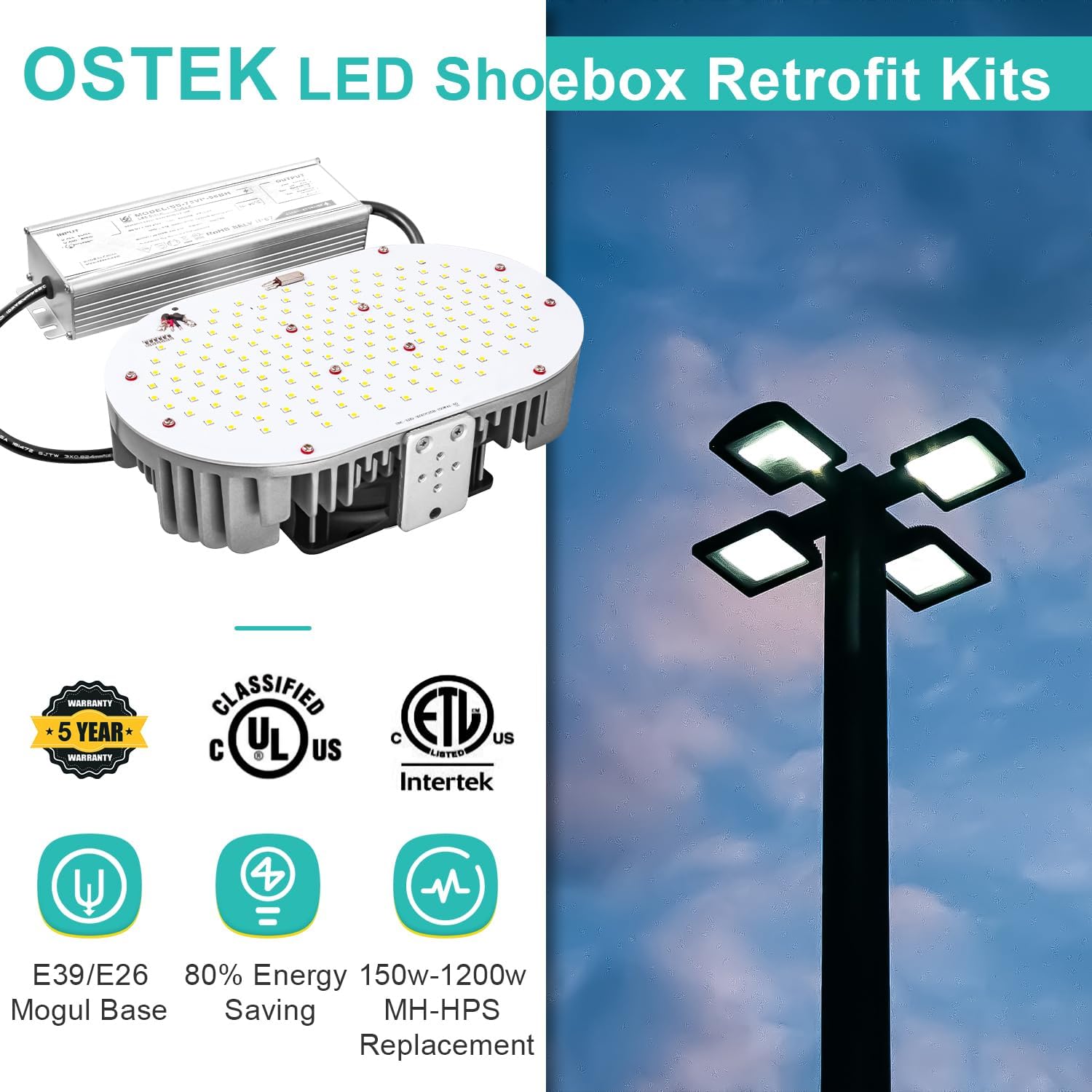 OSTEK 150W LED Shoebox Retrofit Kit, 20250LM 5000K Daylight, E39 Mogul Base, Replace 600W MH/HPS/HID, LED Retrofit Light for for Parking Lot, Street Light, Area Lighting