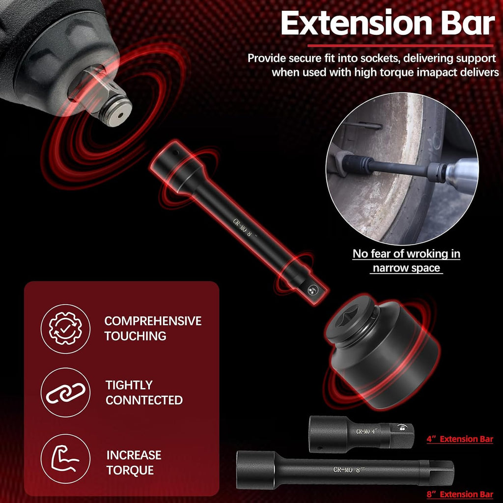 3/4-Inch Drive Jumbo Master Impact Socket Set, SAE and Metric Shallow-Socket Tool Set, SAE 7/8' to 2' and Metric 22 to 50 mm Sockets with Extension Bars and Ratchet Handle, 27 pieces