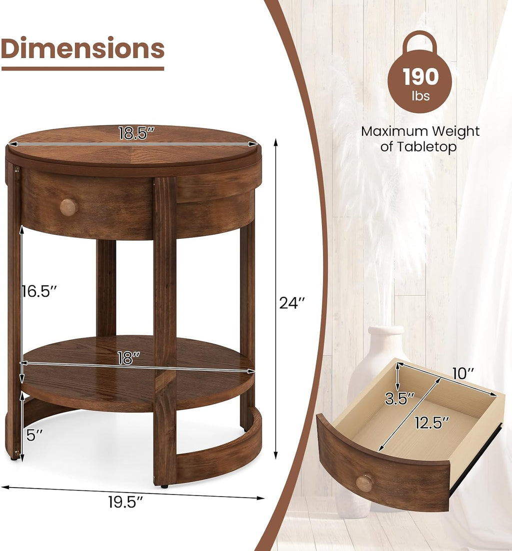 Giantex Round Side Table Set of 2, 2-Tier Wooden End Table with Drawer and Shelf, Vintage Wood Grain Finish, Retro Circle Night Stand for Living Room Bedroom, Walnut