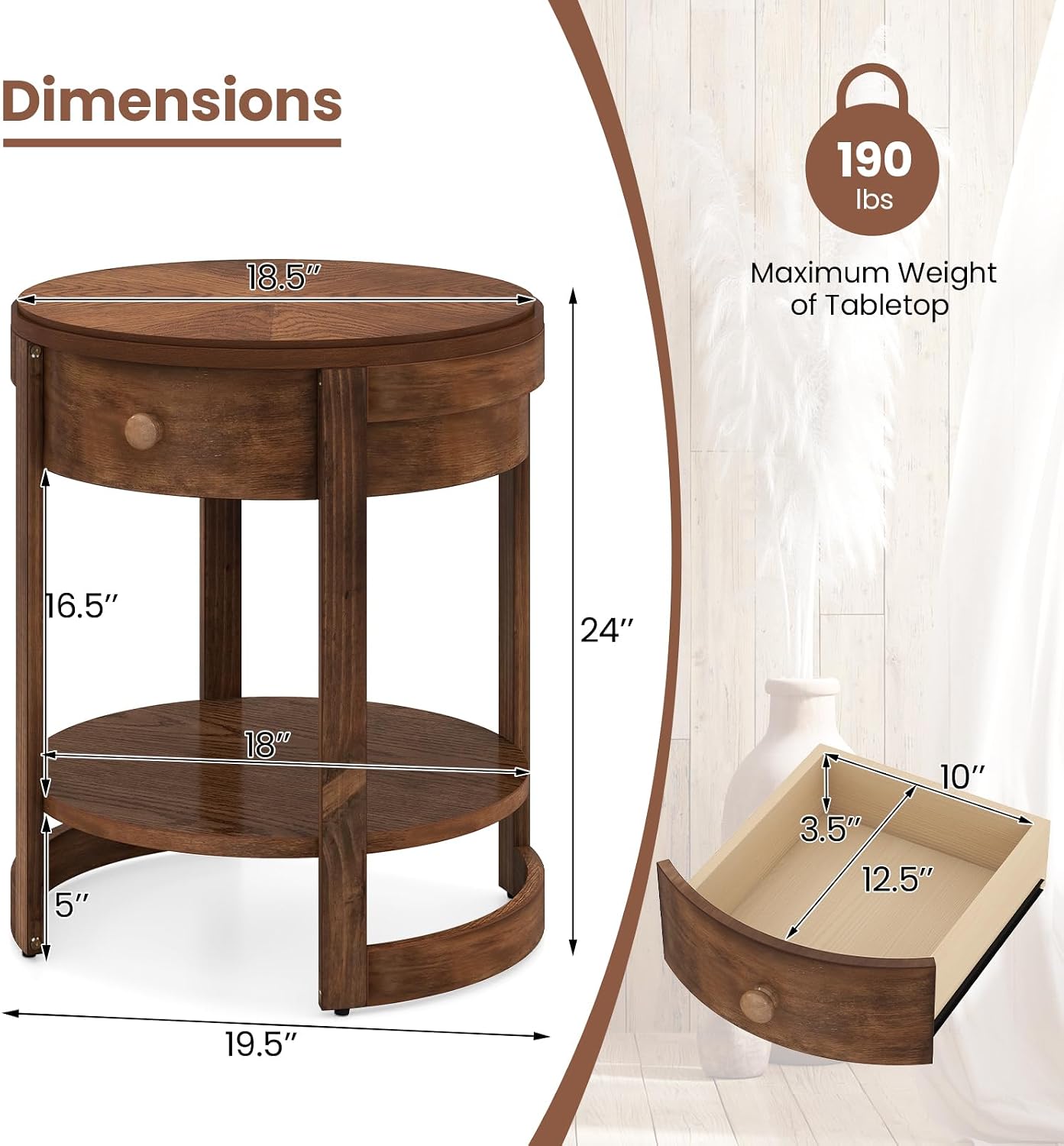 Giantex Round Side Table Set of 2, 2-Tier Wooden End Table with Drawer and Shelf, Vintage Wood Grain Finish, Retro Circle Night Stand for Living Room Bedroom, Walnut