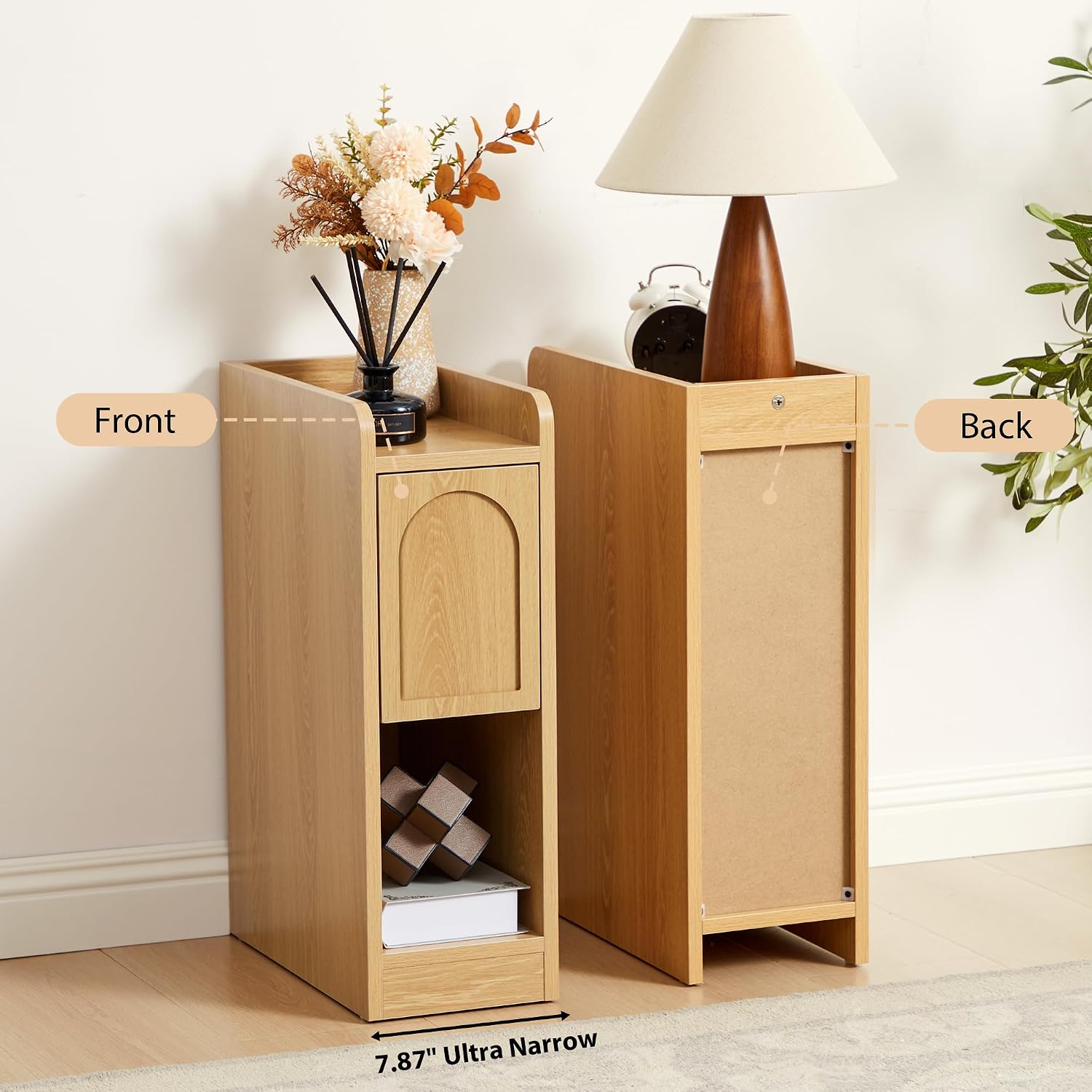 Narrow Nightstands Set of 2, Slim Bedside Tables with Raised Edge Top, Arched Drawer & Open Shelf, Modern Wooden Small End Tables for Bedroom Small Spaces (2, Natural)