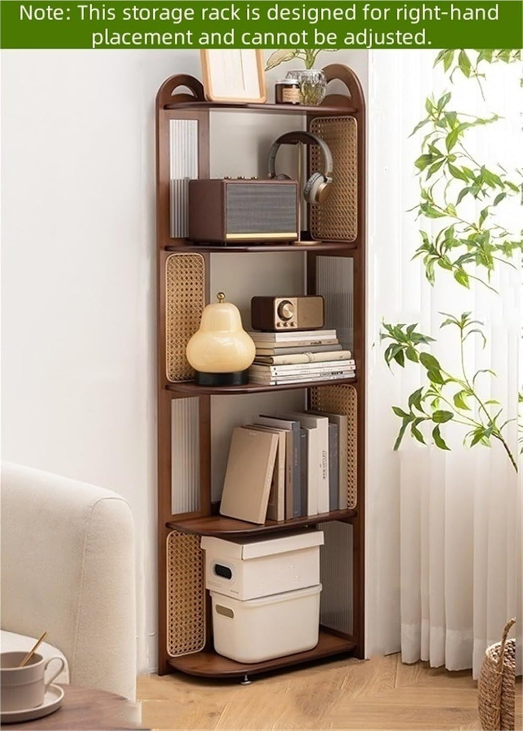 4 Layers Storage Rack Freestanding Corner Display Stand with Adjustable Foot Pad Open Display Rack Rattan Bookshelf Corner Shelf for Living Room Decor,Multipurpose Shelving Unit