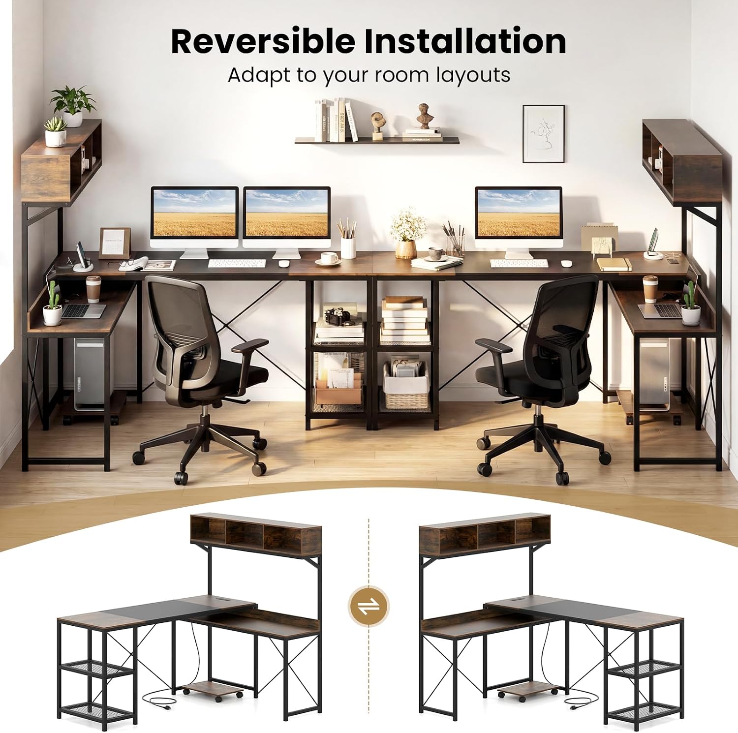 Tangkula 62' Reversible L-Shaped Computer Desk with Hutch & Power Outlets, Corner Computer Desk with 3 Compartments, Shelves & Mobile CPU Stand, Reversible Gaming Table Workstation for Home Office