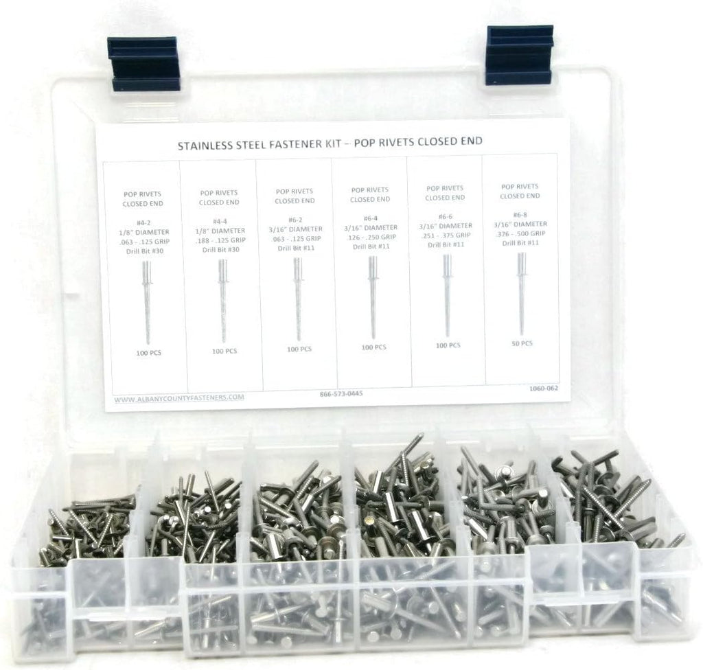 Closed End Stainless Steel Pop Rivet Assortment Kit 1/8' (4) Through 3/16' (6) - 551 Piece