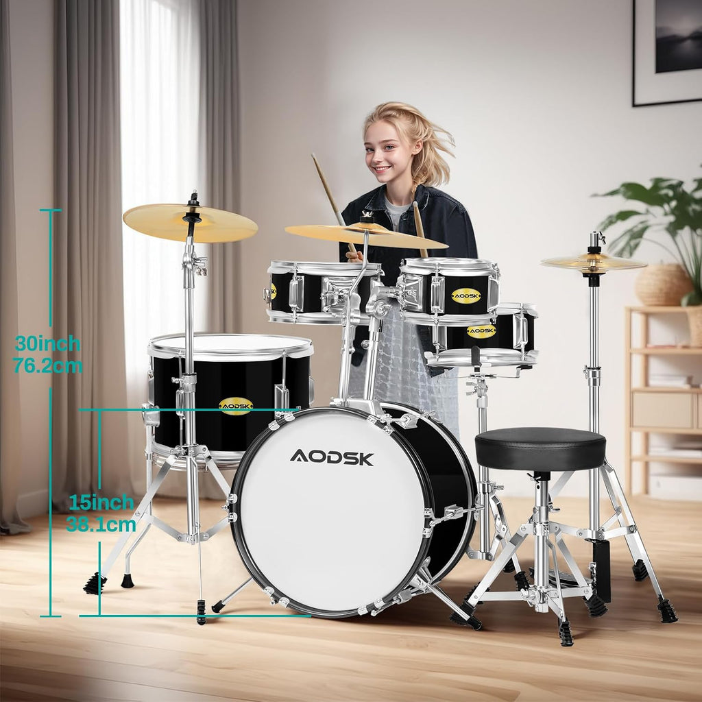 AODSK Drum Sets 5-Piece for Beginners, 14 inch Full Size Complete Drum Kit with Adjustable Throne, Cymbal, Hi-Hat, Pedal & Drumstick
