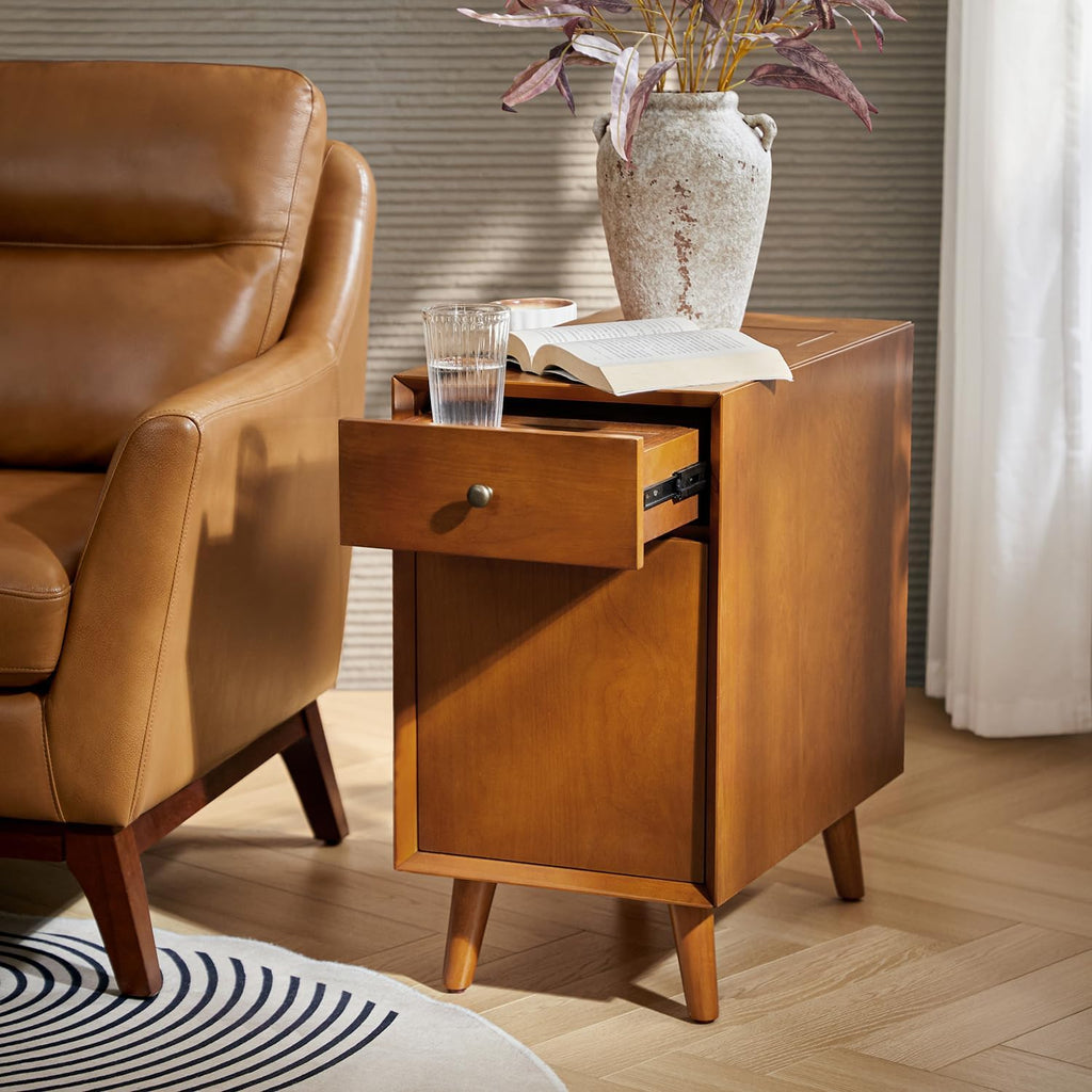 HULALA HOME Side Table with Drawers and Charging Station, Modern End Table with USB Ports and Outlets, Wooden Night Stand with Storage for Couch,Living Room&Bedroom(Acorn