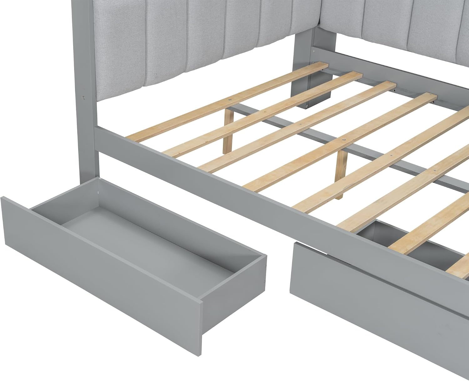 Merax Full Size Daybed Sofa Bed with Desk, 2 Drawers and Linen Upholstered Headboard and Backrest for Kids, Teens or Adults, Gray Wooden Corner Bed Platform Bed with Shelves, USB and Light