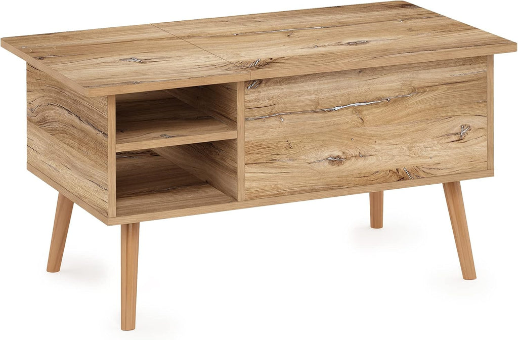 Furinno Jensen Wooden Leg Lift Top Coffee Table with Hidden Compartment and Side Open Storage Shelf for Living Room, Flagstaff Oak