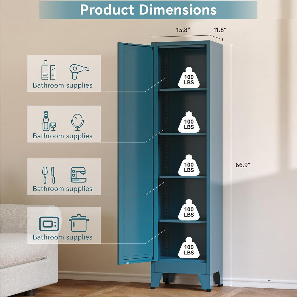 Baborokic 67' Tall Bathroom Cabinet,Metal Storage Cabinet with Door and Adjustable Shelves,Pantry Narrow Storage Cabinets,Slim Freestanding Floor Cabinet for Bathroom,Entryway,Office,Blue-1PK