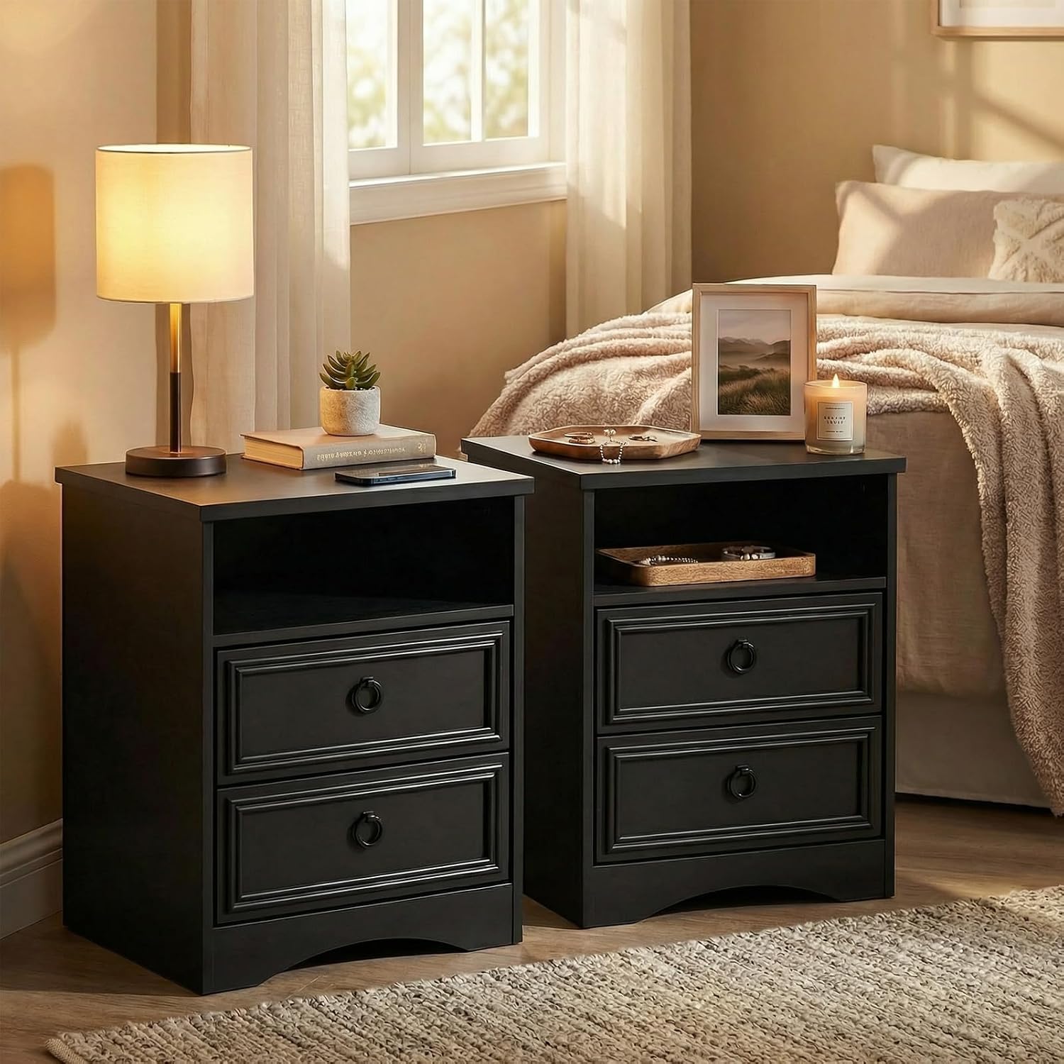 HolliWill Set of 2 Large Night Stand with Drawers, 17.7' W Nightstand with 2 Drawers, Accent Bed Side Table and End Table with Large Open Storage for Bedroom, Living Room,Black