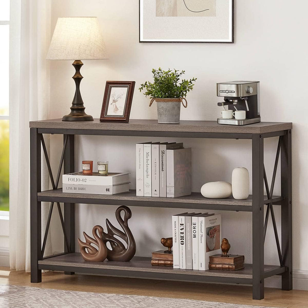 BON AUGURE Industrial Console Table for Entryway with Rustic 5-Tier Ladder Corner Shelf for Living Room and Home Office(Dark Gray Oak)
