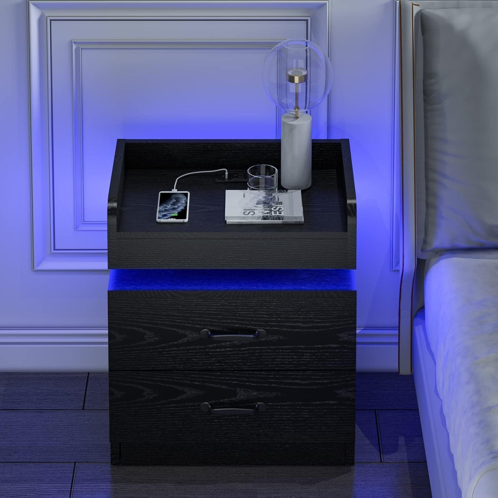 4ever2buy Black Nightstand Set of 2 with Charging Station and LED Lights Modern Bedside Tables with Drawers End Tables for Bedroom