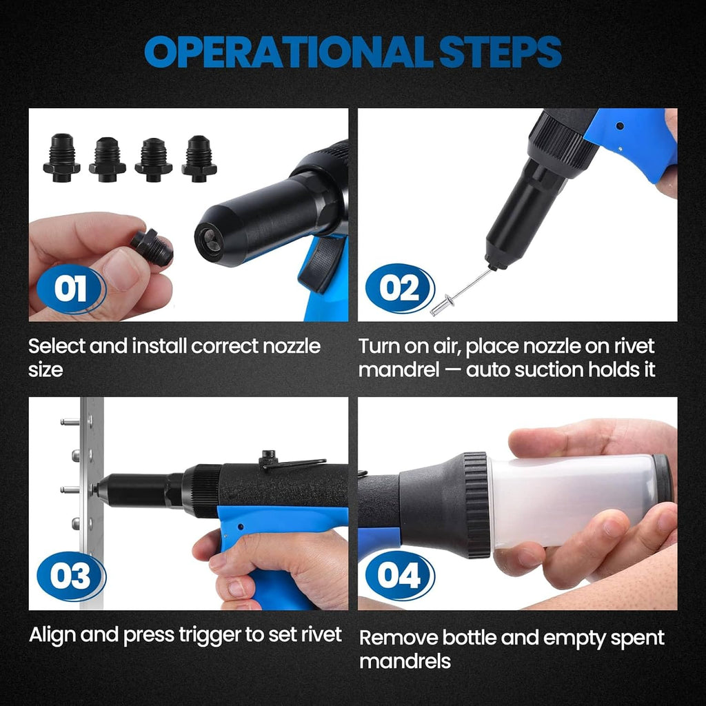 Pneumatic Rivet Gun Air Pop Riveter Tool Kit with 3/32', 1/8', 5/32', 3/16' Rivet Nozzles, Self-Suction Pneumatic Riveting Gun, Upgraded Air Riveter Hydraulic Pop Riveting Rivets Tool