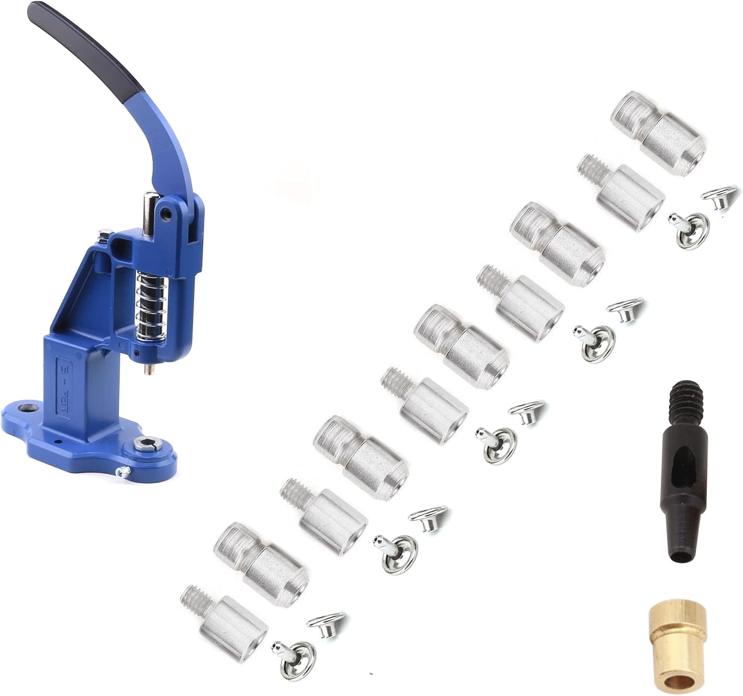 Rivet Press Machine and 5 Sets Double Cap Rivets Die - 5mm, 6mm, 7mm, 9mm, 12mm Double Cap Rivets Hand Press Machine Setter Setting Tool and Hole Puncher Kit
