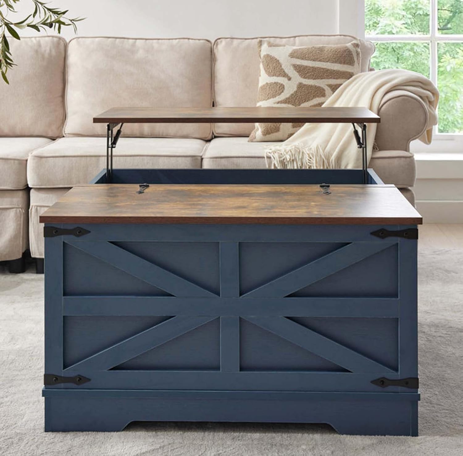 Farmhouse End Table Set with Charging Station, Living Room Tables with Hidden Storage, Wood Square Sofa Bedside Tables, Night Stand with Power Outlet and Door, Blue