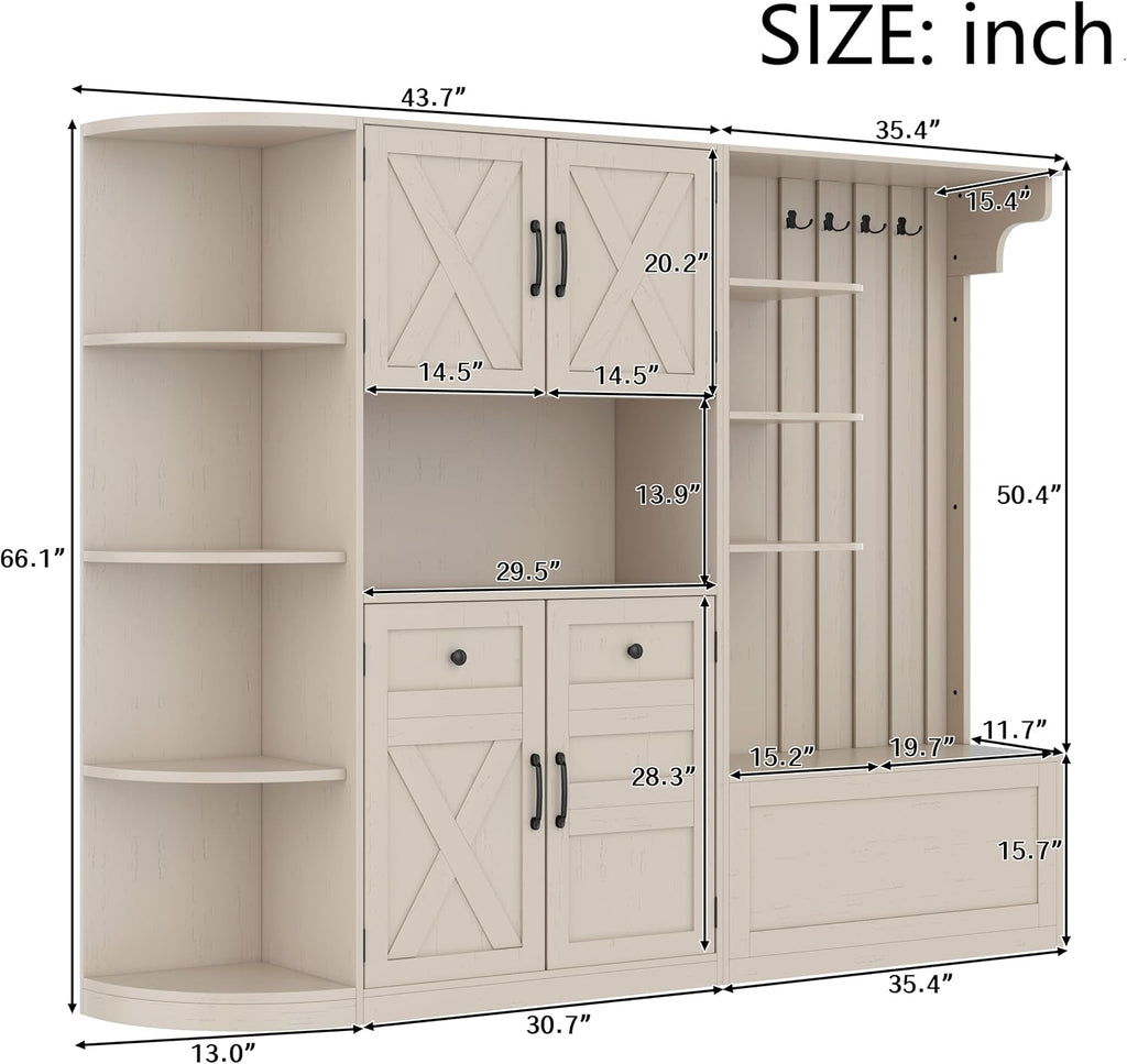 Multifunctional Hall Tree with Shoe Bench & Storage Cabinet,2-in-1 Left-Right L-Shaped Corner Entryway Cabinets with Coat Rack & Open Shelves,Modern Storage Organizer for,Living Room (Beige)