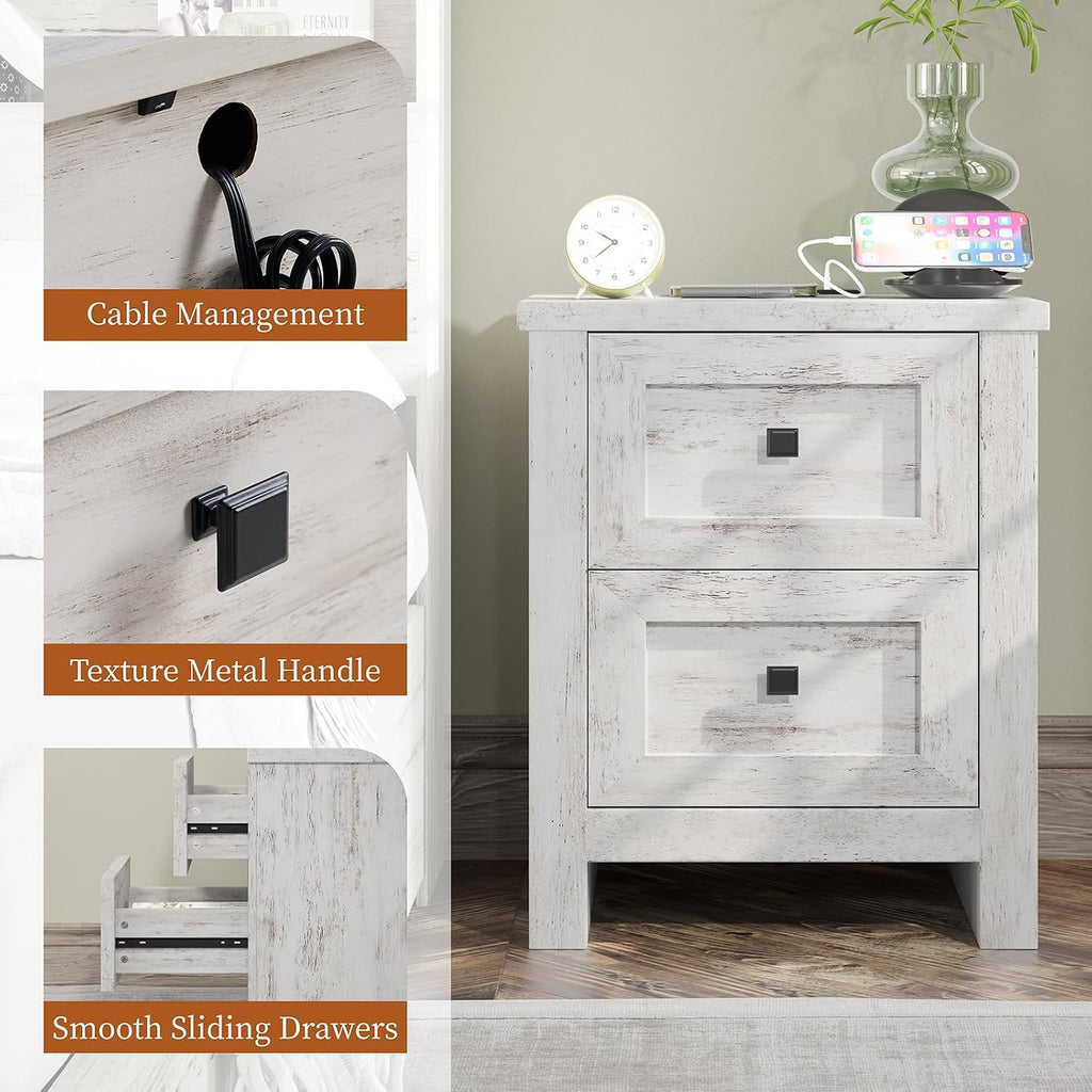 AMERLIFE Large Nightstand Set of 2 with Charging Station, Bedside Table with USB Ports and Outlets, Farmhouse Wood End Table for Bedroom, Distressed White