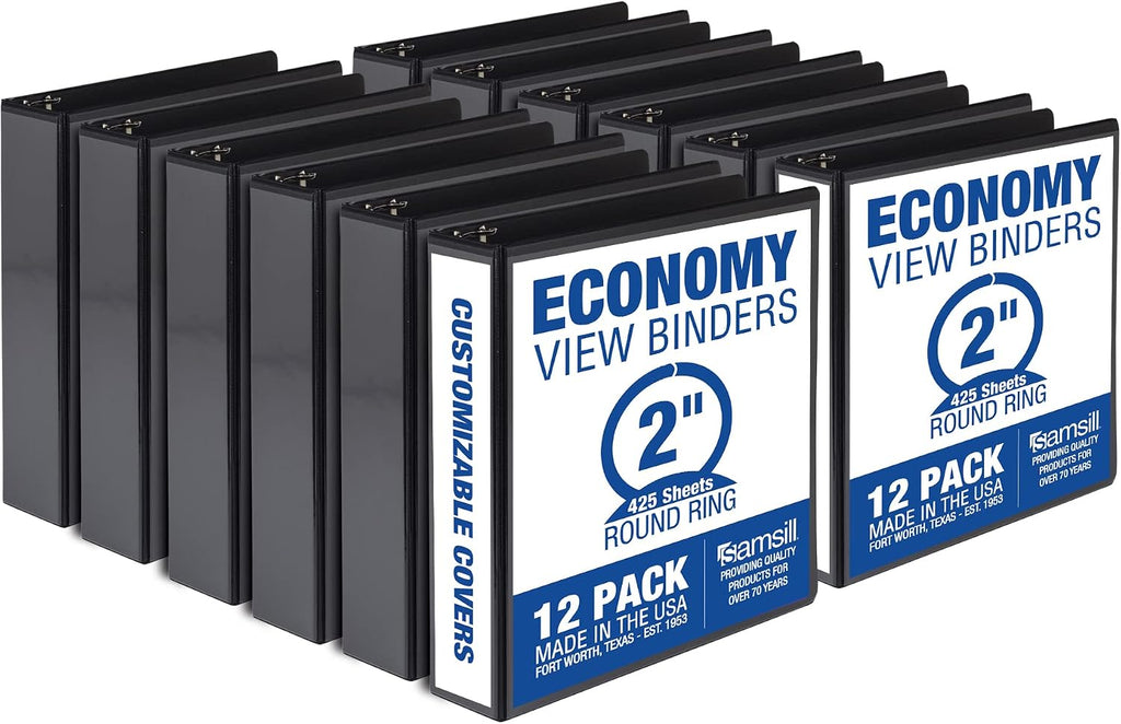 Samsill Economy 2 Inch 3 Ring Binder, Round Ring Binder, Black, 12 Pack (MP128560) & Economy 2 Inch 3 Ring Binder, Round Ring Binder, White, 12 Pack (MP128567)
