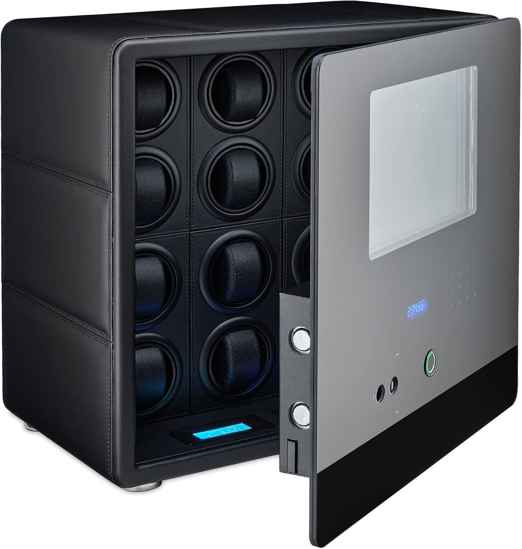 12 Watch Winder with Fingerprint Lock, Interior Light, Alarm System and 2 Storage Compartments