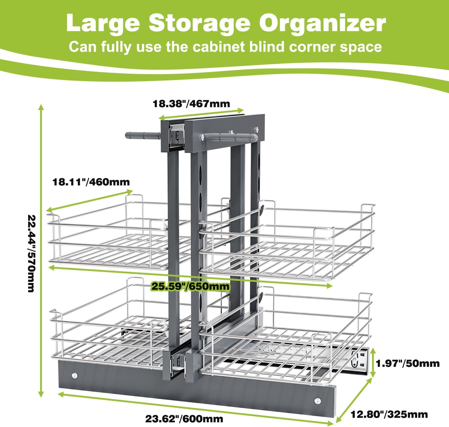 Blind Corner Pull Out Organizer for 32' Cabinet Left Open & Right Open Compatible 2 Tier 4 Shelves Adjustable Height